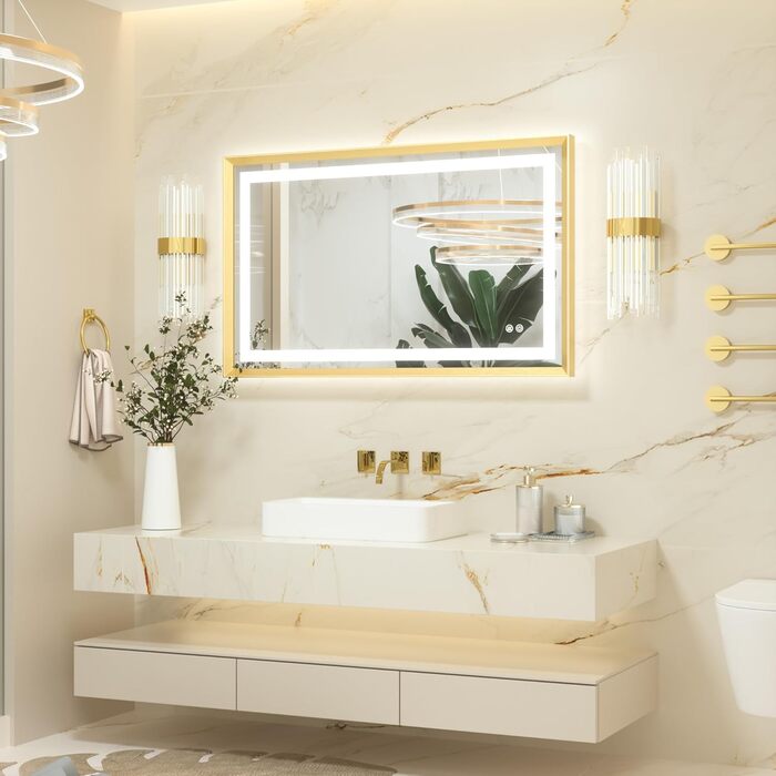 Дзеркало для ванної кімнати Keonjinn з підсвічуванням, чорний металевий каркас 60x80 см, LED, антизапар, сенсорне керування, 3 кольори світла, регулювання яскравості, пам'ять, настінне дзеркало