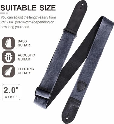 Гітарний ремінь Nefelibata з повного нубуку, вінтажний велюровий ремінь, безкоштовний бонус: 4 медіатори + фіксатори ремінця + кнопка для ремінця, подарунок для бас-гітари, електро- та акустичної гітари (Чарівний фіолетовий, вінтажний сірий)