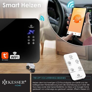 Електрична скляна панельна батарея KESSER® з Wi-Fi, сенсорним екраном та пультом керування | 2000 Вт, білий/чорний | для дому та офісу