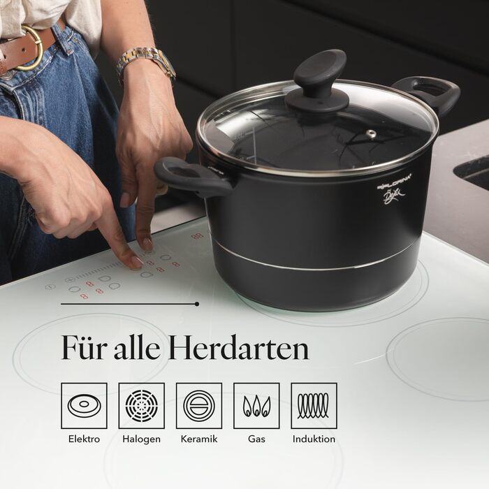Каструля Florina Aluminium Topf 5 л з нержавіючою сталлю, 22 см з кришкою з термостійкого скла, мірна склянка, антикцарапаюче покриття, каструля з індукційним дном, підходить для індукційних, газових та електричних плит (чорна)