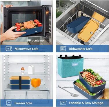 HOLIPOT Ланчбокс Bento Box з роздільниками, 2 рівні, з нержавіючої сталі та PP, з ложкою та виделкою, сумка, для дітей та дорослих, блакитний