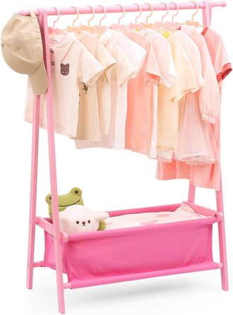 Relquorax Bamboo Children's Clothes Rack with Storage Bag and Clothes Rail, Dress-up Stand, Small Wardrobe Rack, for Costumes in Children's Rooms (Pink)