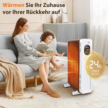 Електричний масляний радіатор Aigostar Cozy 2300W з пультом керування, 11 ребер, термостат, 3 режими, таймер 24г, LED-дисплей, захист від перекидання та перегріву