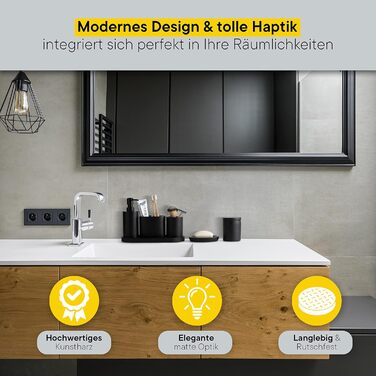 DELUXXOO® Набір аксесуарів для ванної кімнати 6 шт. чорний матовий: органайзер, диспенсер для мила, мильниця, стакан для зубної щітки, піднос, ящик для зберігання