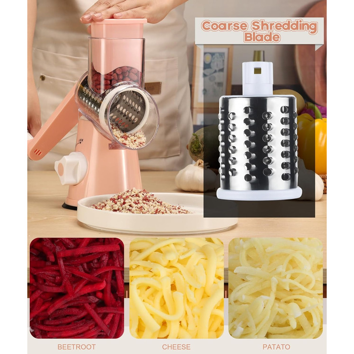 Ручна тертка Ourokhome Rotary: тертка для овочів, сиру, горіхів, картоплі, моркви, кабачків (рожева) з 3 лезами