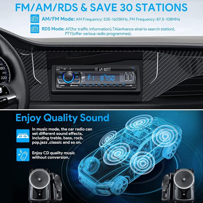 Автомобільна магнітола RDS Bluetooth 9-24V, FM/AM 1DIN, гучний зв'язок, 7 кольорів підсвітки, 2 USB, MP3-плеєр, AUX, SD, незалежний годинник, 30 радіостанцій