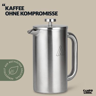 Campo Libre.® Giorgio. French Press Coffee Maker made of double-walled stainless steel 1l | plastic-free coffee press with thermal function incl. replacement filter | coffee maker made of 100% recycled stainless steel 1000ml Matt Steel
