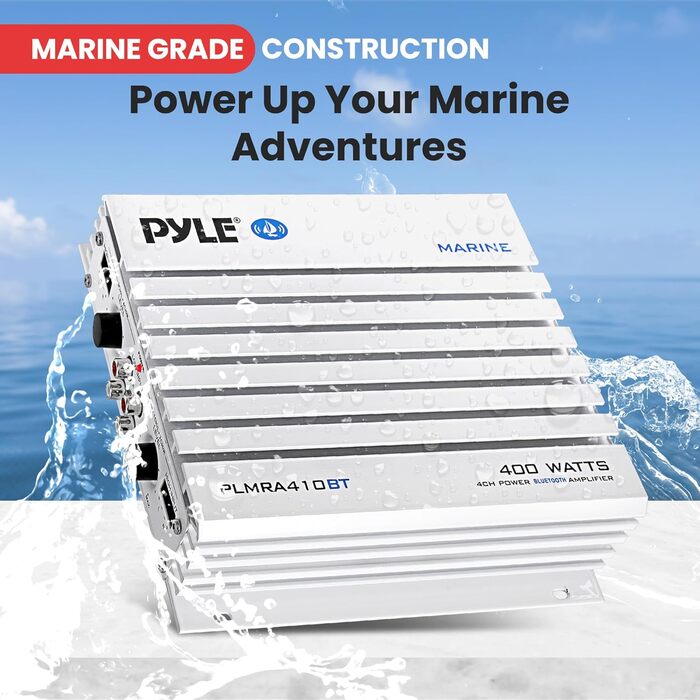 Pyle 2.1 Bluetooth морський підсилювач-ресивер, водонепроникний 4-канальний аудіо підсилювач для стерео колонок, 400 Вт, Dual-MOSFET, PLMRA410BT