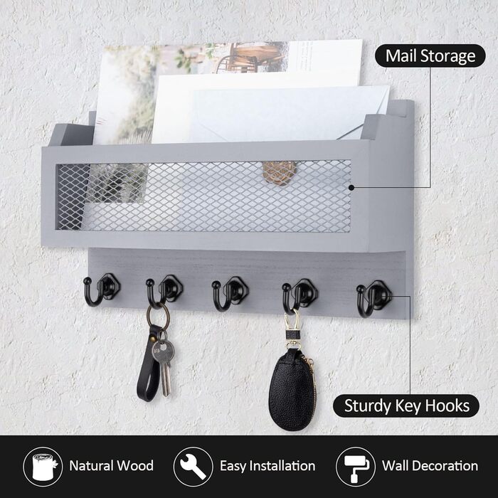 Wall decor brief and key holder, 27.9 cm (11 inch) wood wall key organizer with 5 key hooks, wall mount, storage shelf for entryway, hallway (white) (grey)