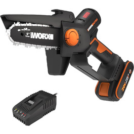 WORX WG325E Nitro Mini акумуляторна бензопила 20V, одноручна пила для гілок, Brushless двигун, 5650 об/хв, довжина різу 12 см, легка та компактна, автоматичне змащення ланцюга (з акумулятором 2Ah та зарядним пристроєм)