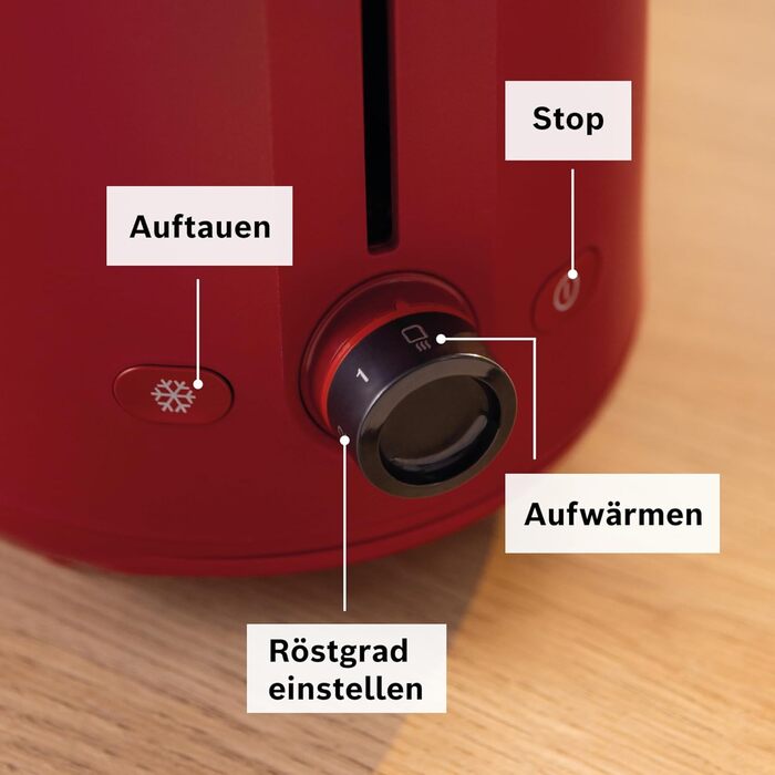 Тостер Bosch Kompakt MyMoment TAT2M124 з підігрівом для тостів, підігрівом для бутербродів, функцією розморожування, автоматичним вимкненням, підйомом, центруванням хліба, червоний матовий, 800 Вт