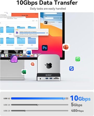 ORICO MiniDock: Док-станція та підставка для Mac mini M4/M4 Pro з корпусом для NVMe SSD, хаб USB-C з 4K HDMI, DisplayPort, SD/TF 3.0, USB-C/A 10Gbps, PD 100W - VS10 (6-in-1, 2TB)