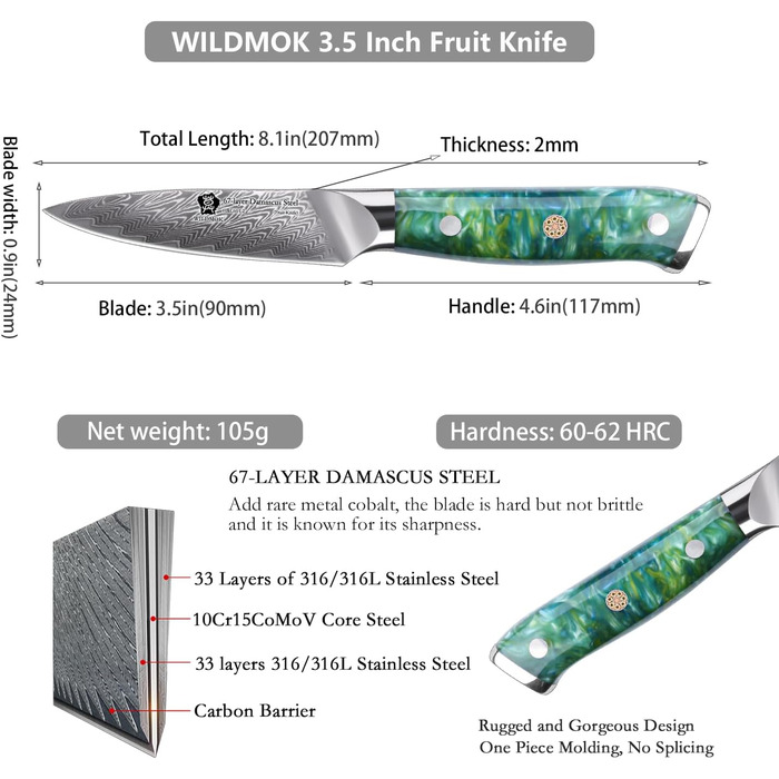 Ніж кухарський WILDMOK, 8 см, японська сталь VG10, 67 шарів дамаської сталі, для нарізання та очищення, зелена ручка, подарункова коробка