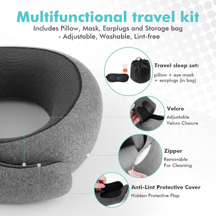 Подушка для шиї у літак, Memory Foam, ортопедична, компактна, для тривалих перельотів. З 3D-маскою для сну та берушами. Ваш незамінний супутник у подорожах