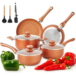 Набір кухонного посуду з антипригарним покриттям, 11 предметів: каструлі, сковорідки, сотейник. Підходить для духовки та гриля (до 177°C). Кухонний набір, для дому, безпечний для миття в посудомийній машині. CW11-CP 11