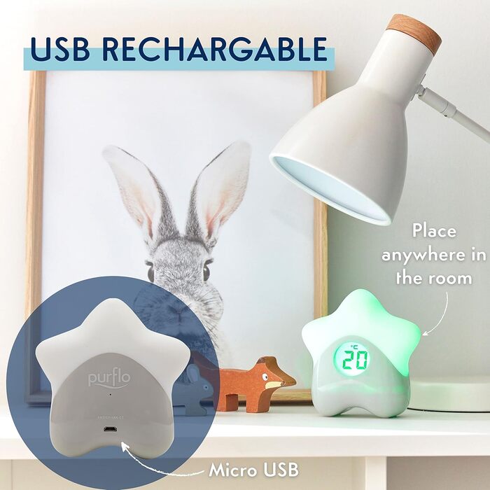 Purflo Starlight Color-Changing Baby Room Thermometer, USB Rechargeable, Digital Temperature Monitor for Indoor and Children's Rooms, one of your baby essentials.