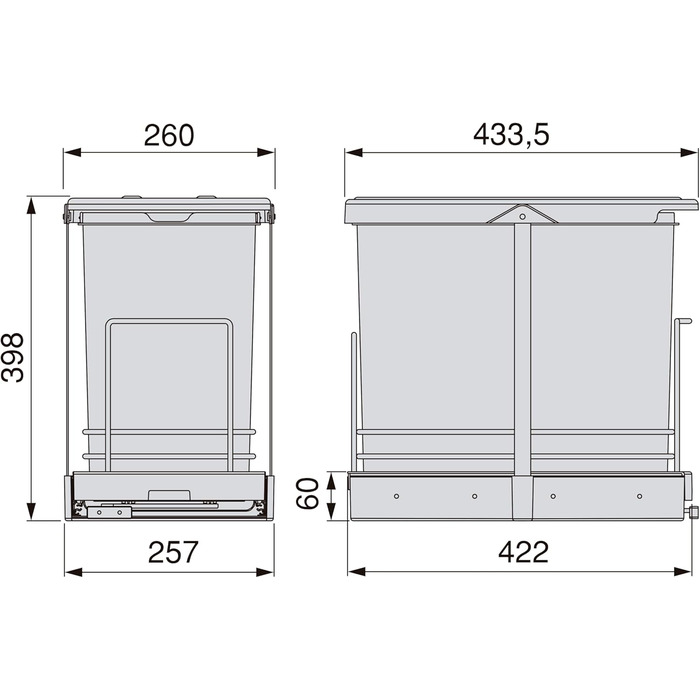 Відро для сміття Emuca кухонне з підскладною фіксацією, 2 висувні контейнери по 20 л, загальний об'єм 40 л (2 x 20 л), сталь та пластик, сірий колір.