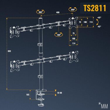 Кронштейн для двох моніторів RICOO TS5811, подвійний навіс для комп'ютерних екранів 13-27 дюймів, настільний тримач для PC та Gaming моніторів