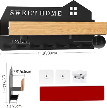 Ключниця настінна з полицею HOME+HOLZ чорна, без свердління, 7 гачків, для коридору, самоклеюча/на шурупах