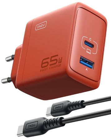 Зарядний пристрій INIU 65W USB-C + USB-A GaN, швидка зарядка для MacBook, iPad, iPhone, Samsung Galaxy, Pixel (Помаранчевий)