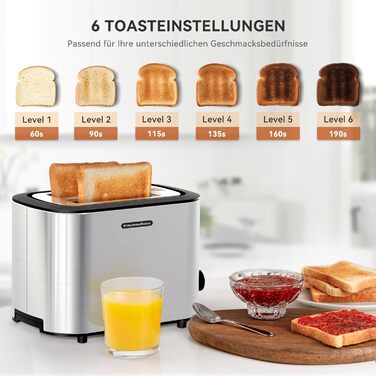 KitchenBoss 2-Slice Toaster: Toaster with bun rack and crumb tray, 6 browning levels, stainless steel toaster with automatic shut-off, defrost function, and reheat function, 870W