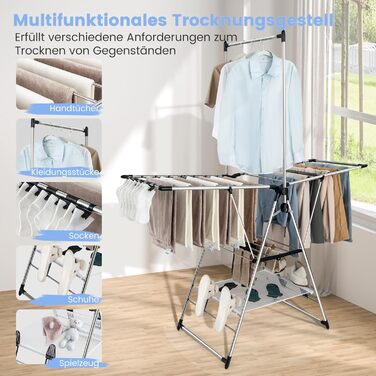 Сушарка для білизни COSTWAY розкладна, висувна, з регулюванням висоти та полицями для взуття, сушильний стійка-вежа для дому та вулиці (оновлена) з вішалкою