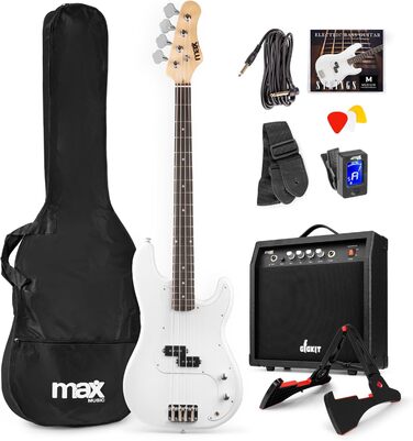 MAX GigKit Бас-гітара: повний комплект для гри, 21 лад, білий