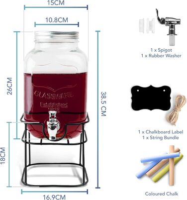 Скляний диспенсер для напоїв з краником - 4 літри, Mason Jar, з пластиковим краником та металевим підставкою