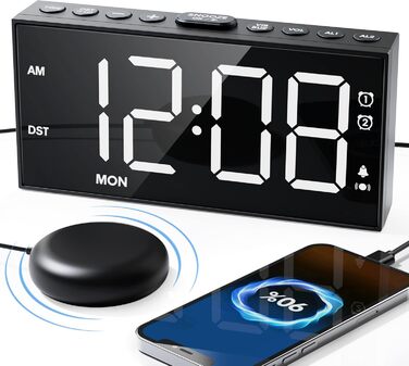 Digital Alarm Clock, Loud Vibration Alarm with Bed Shaker, Loud Alarm for Deep Sleepers, Large Display, Adjustable Volume & Brightness, Dual Alarm, Snooze, USB Charger, Easy Operation