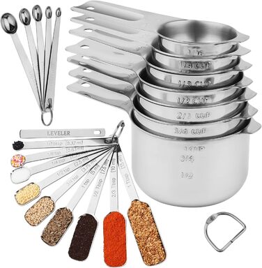 Measuring cup and spoon set, 7 stainless steel measuring cups and 9 measuring spoons and 5 mini measuring spoons and 1 measuring spoon