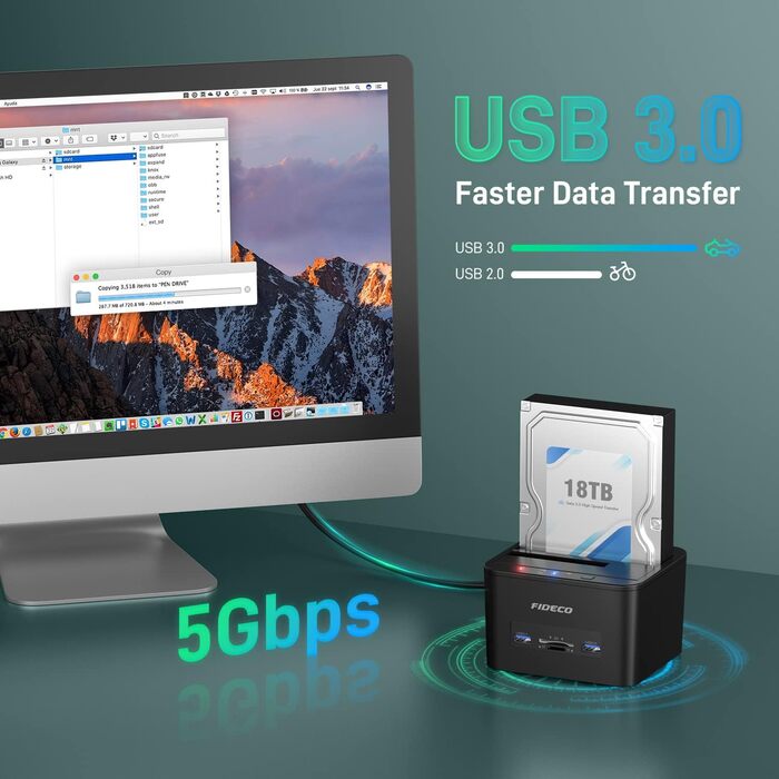Док-станція для жорстких дисків FIDECO з двома відсіками, USB 3.0, підтримка UASP, TF/SD карт, для HDD/SSD SATA 2.5
