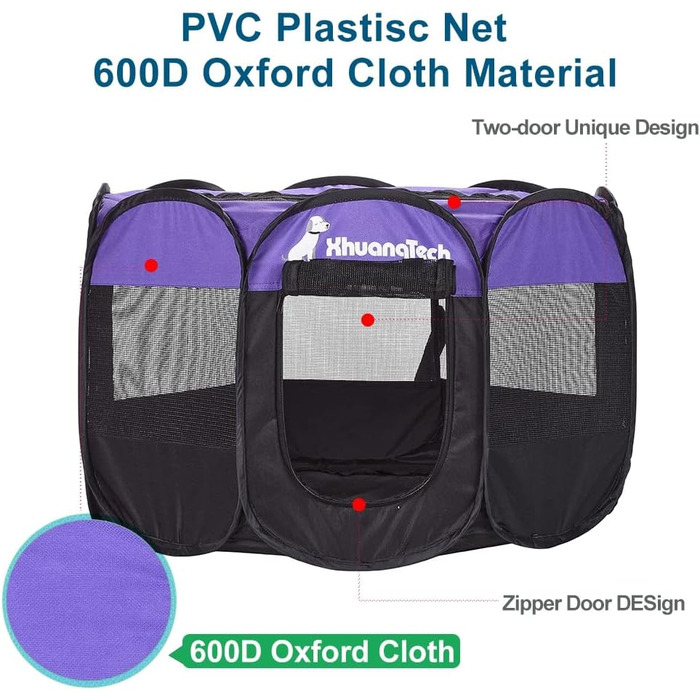 Клітка-манеж для тварин XhuangTech: собаки, коти, цуценята, 80x80x58,4 см, м'яка тканина, портативна, складна, для дому та вулиці, фіолетовий/чорний
