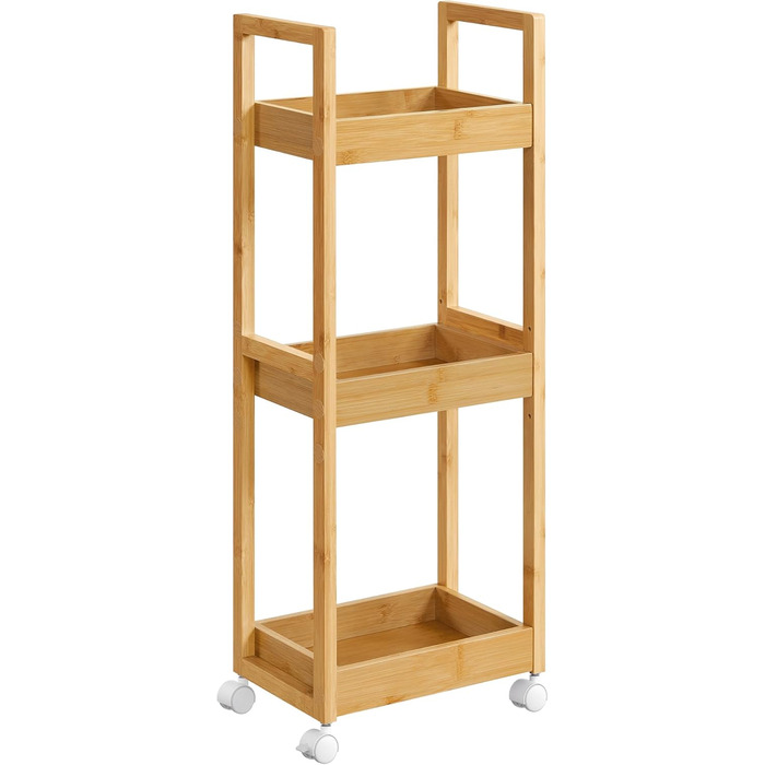 SONGMICS Rolling Cart, Bathroom Shelf, 3-Tier Bathroom Organizer, Bamboo Nook Shelf, Narrow Shelf, Rolling Utility Cart, Space-Saving, 20 x 30 x 80 cm, White BCB083W01 (Natural Beige)