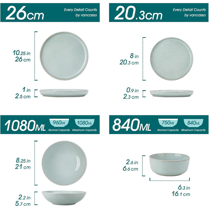 Набір мисок vancasso ANYA (48 шт.) з кераміки, 16.1 см, 840 мл, для мюслі, стійкі до подряпин, підходить для мікрохвильової печі та посудомийної машини (м'ятний колір)