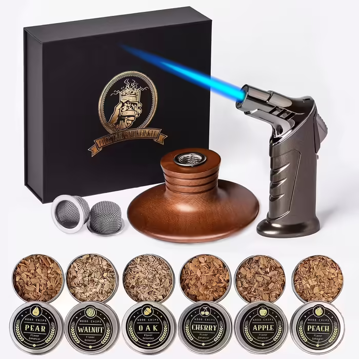 Cocktail Smoker Set with Flashlight and Aromatic Wood Shavings for Whiskey and Bourbon, Vintage Fireplace Drink Smoker Set for Whiskey, Wine, Gift for Father, Husband, and Cocktail Enthusiasts