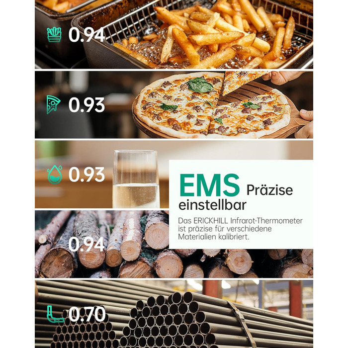Інфрачервоний термометр ERICKHILL -50°C до 800°C, безконтактний цифровий лазерний термометр з щупом для м'яса -50°C до 300°C, регульований коефіцієнт випромінювання – для приготування їжі/грилю/заморожування