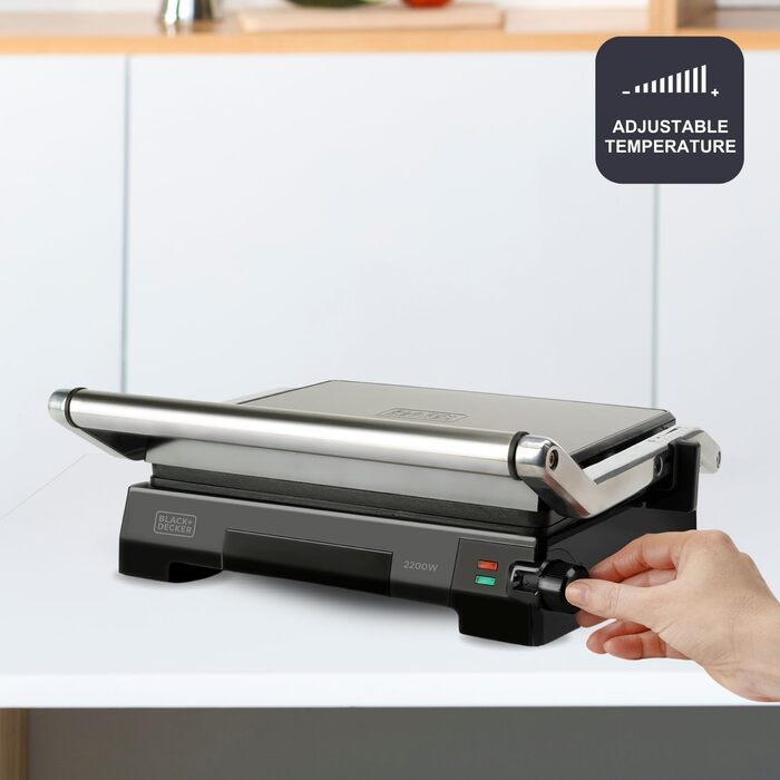 Електричний гриль та контактний гриль Black+Decker BXGR2200E 2-в-1, 2200W, 29x23 см, LCD-дисплей, регулювання температури та часу