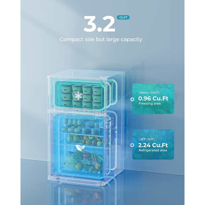 EUHOMY Міні холодильник 46L, компактний холодильник з регулюванням температури, тихий (38dB), енергоефективний для спальні, офісу, сріблястого та чорного кольорів