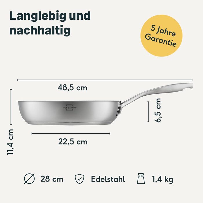 SILBERTHAL 3-Piece Stainless Steel Frying Pan Set - Induction Compatible, Non-Stick, Oven-Safe (up to 250°C) - 20, 24, and 28 cm
