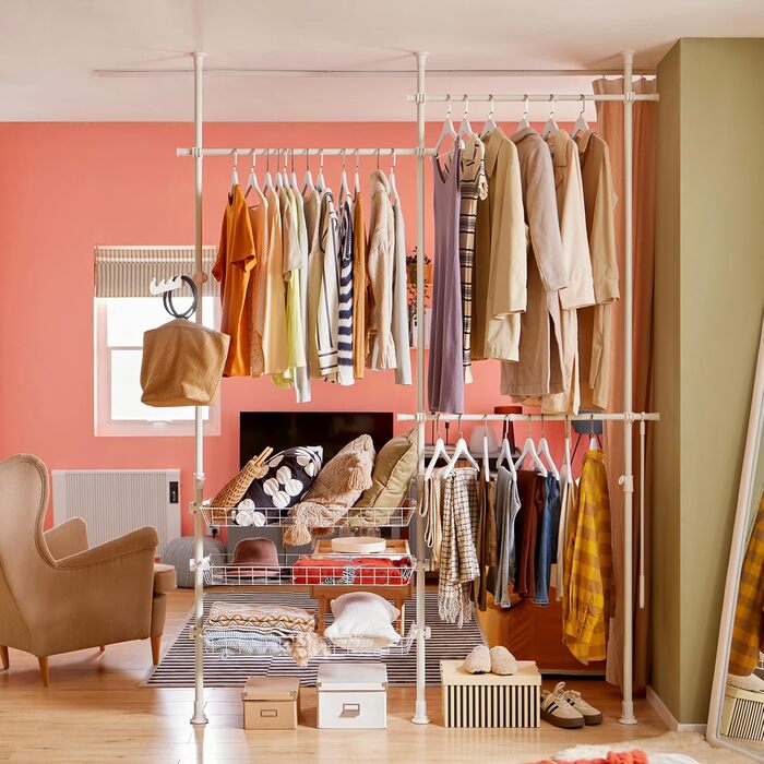 SoBuy Regal System with 3 Clothes Rails and 3 Baskets Telescopic Wardrobe System Adjustable Organization System FRG34-SCH (White)