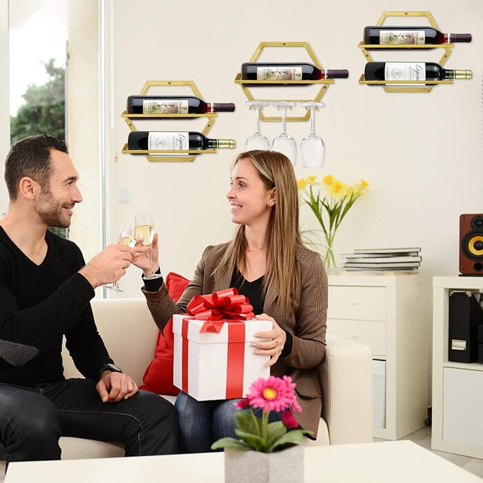 Metal Wall Mounted Wine Holder Stemware Glass Rack, 2Pcs Hanging Glass Wine Rack Wall Mount Red Wine Rack Organizer with 3 Stem Glass Holders for Home Kitchen Bar Display Decor (Gold Bb)