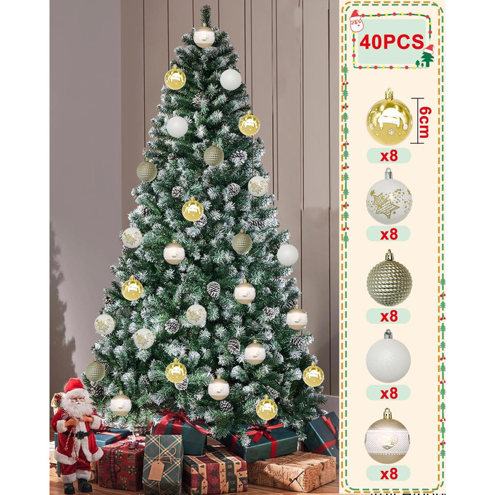 Набір 40 прикрас на ялинку, 6 см, червоно-білі, пластик, з підвісками, міцні, різні поверхні та візерунки, для внутрішнього та зовнішнього використання