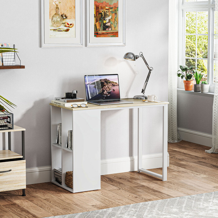 HOMCOM Desk Computer Desk with Storage Compartments, Modern Office Desk with Steel Frame, PC Desk for Home Office, Study Room, Small Room 100 x 54 x 75 cm, Oak | Aosom