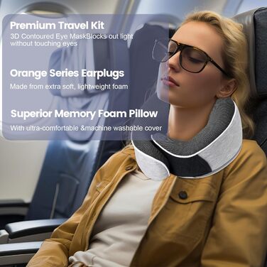Подушка для шиї Memory Foam, ергономічна, з маскою для очей та навушниками, для подорожей