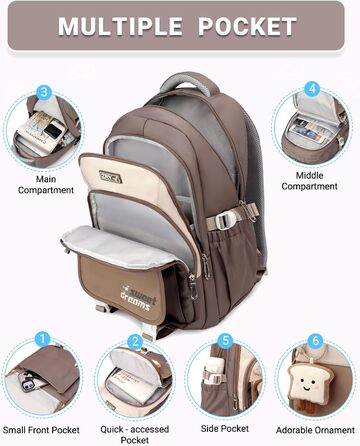 Дитячий рюкзак для дівчаток 2-10 класів, 32L | Легкий, з дихаючою спинкою та м'якими лямками | Рюкзак у школу для підлітків 8+ років (Хакі)