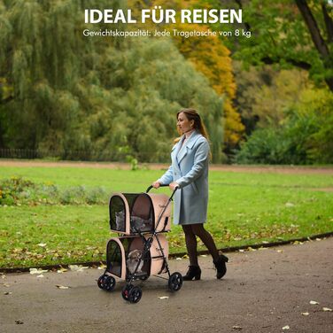 Візок для собак та котів COSTWAY 2-ярусний, до 16 кг, з сіткою, тримачем для напоїв та зчіпкою (Бежевий)