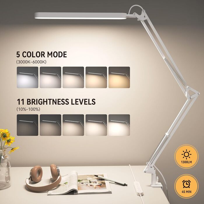 SKYLEO LED Desk Lamp - Adjustable Gooseneck, 5 Color Modes, 11 Brightness Levels, Timer & Memory Function, 12W, 16.5