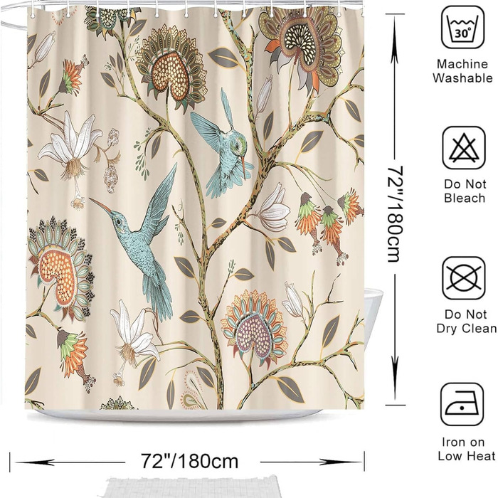 Штора для душу 180x180 см з квітами, антигрибкова, водонепроникна, поліестер, з 12 кільцями (Циан, великий птах)