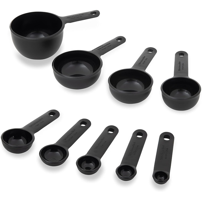 KitchenAid Universal Measuring Cup and Spoon Set, 1/4, 1/2, 1/3 and 1 cup sizes and 1 tablespoon, 1/2 tablespoon, 1 teaspoon, 1/2 teaspoon, and 1/4 teaspoon, dishwasher safe, 9 pieces, black