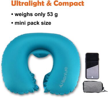 Надувна подушка для шиї HIKENTURE, Ultralight Travel Pillow – зручна подушка для подорожей, літака, авто, поїзда (Турквіс)